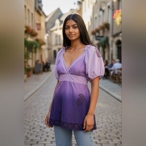 Chaudru Lavender to Deep Purple Paisley Babydoll Tunic Top NWT small